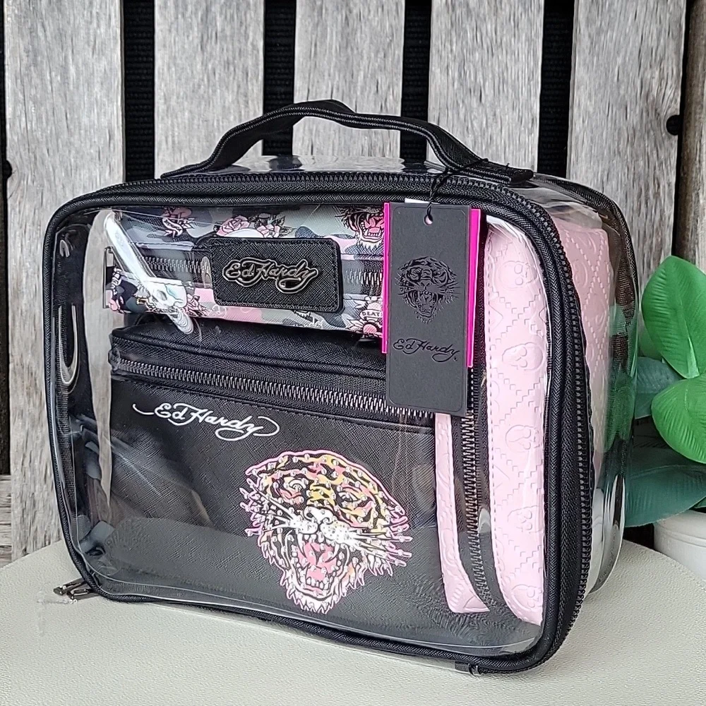 Ed Hardy Tiger Clear Cosmetic Bag Set in Black and Pink Set Of 4 - Picture 3 of 6